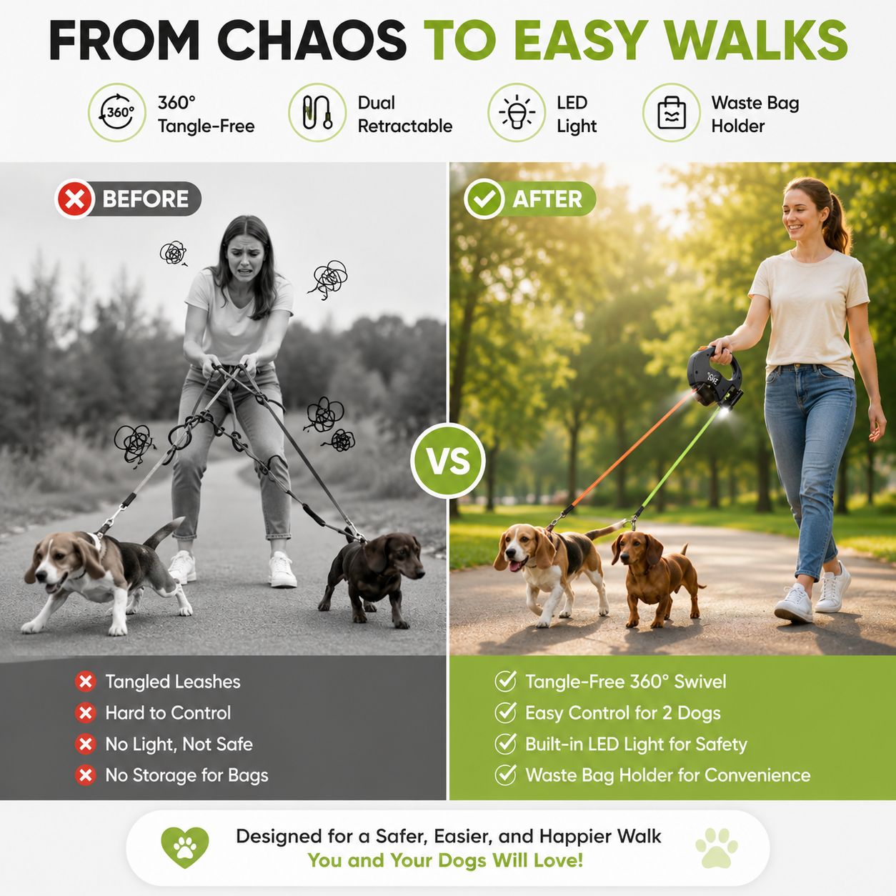 360° Tangle-Free Dog Leash with LED